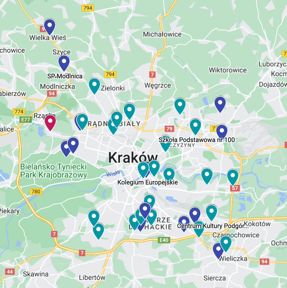 Mapa z lokalizacjami zajęć z Gimnastyki Korekcyjnej